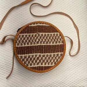 African Brown and Cream Woven Crossbody Bag with Leather Trim